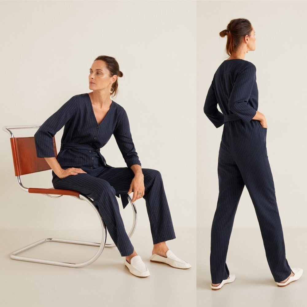 MANGO Blue White Striped V Neck Jumpsuit Blue SMALL Tie Waist Belt NEW